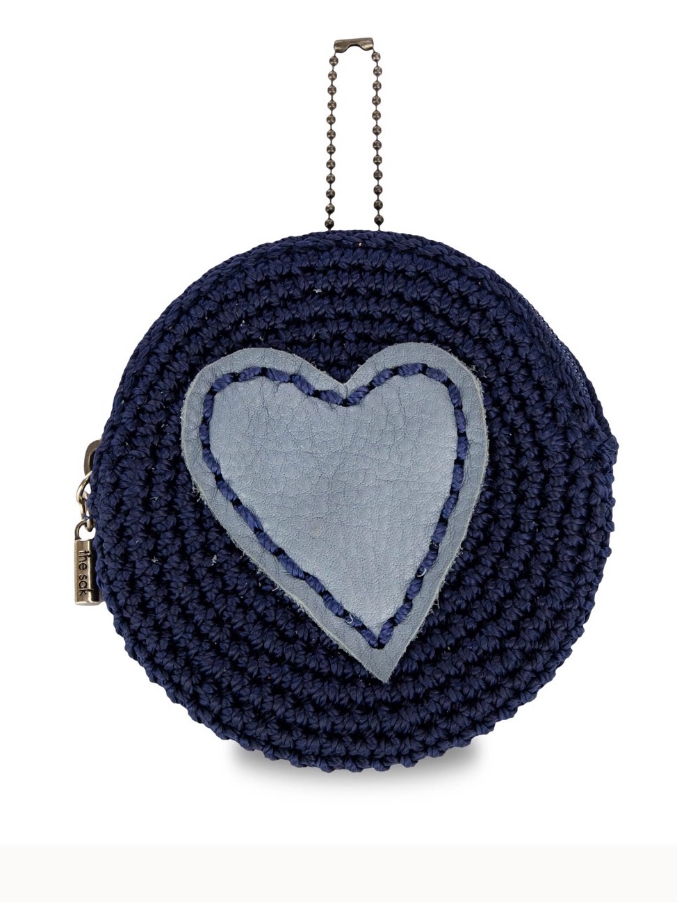 The Sak Navy Crochet Circle Coin Pouch With Light Blue Heart